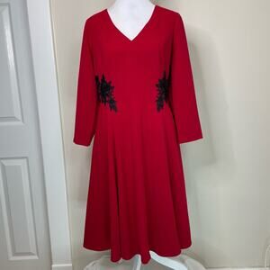 London Times Red Fit and Flare Applique Detail Dress Size 14